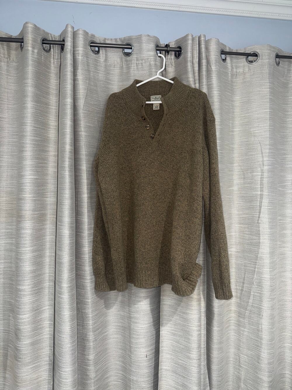 L.L.Bean brown textured knit henley sweater 100% lambs wool size xxl tall